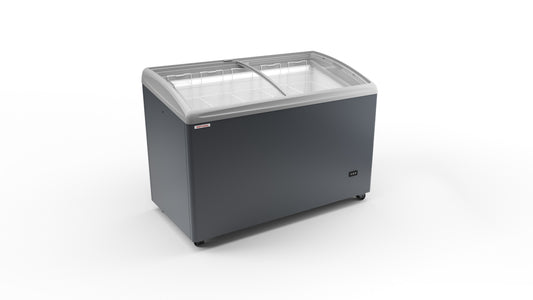 A white promotional ice cream freezer with clear glass sliding lids and a flat top design, equipped with castor wheels for mobility.